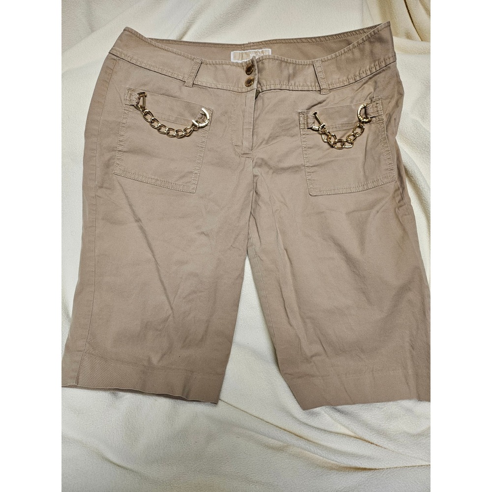 Michael Kors Womens Khaki Bermuda Shorts Gold Chain Detail Tan Chino Size 8 2031